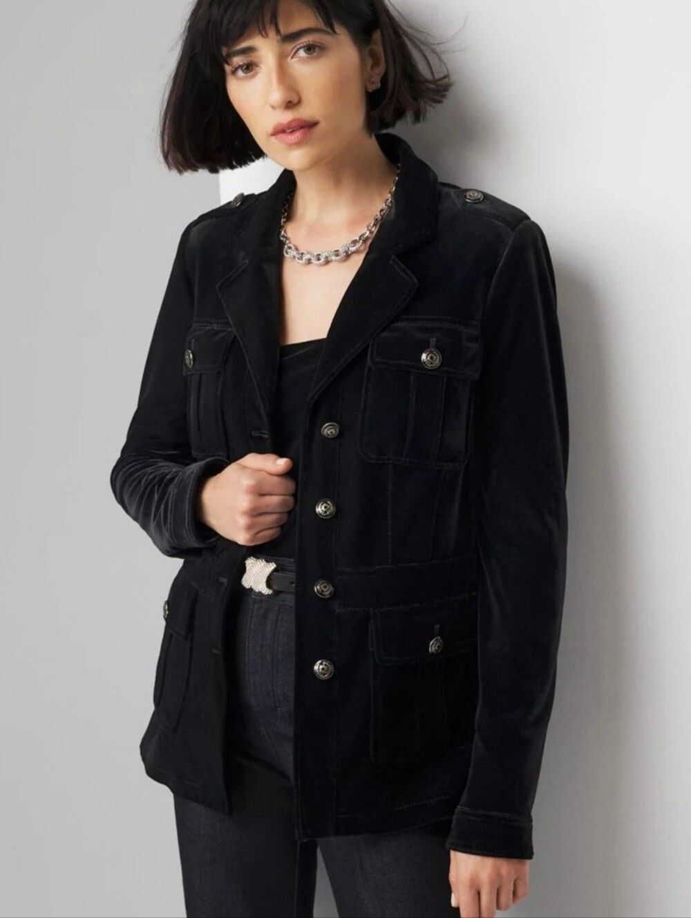 WHITE HOUSE BLACK MARKET Black Velvet Safari Military Jacket Gold Buttons M NWT